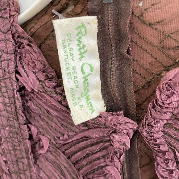 Ruth Chagnon L Maroon Dress Midi Belt Soutache 70s VTG Modest A-Line Cottagecore - Picture 11 of 12